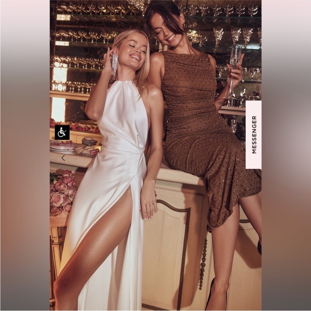 House of CB Zanab Cream Thigh High Slit Halter Satin Strappy Back Maxi NWOT XS‎ - Picture 5 of 10